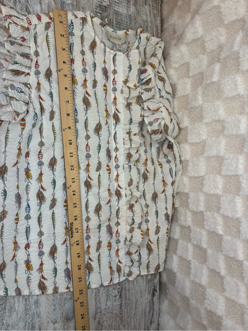 Koch off White Feather/Fishing Print Flutter Sleeves Women’s Top size XS